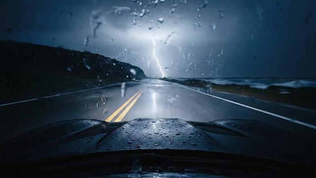 Driving on a stormy night with lightning striking the road ahead.