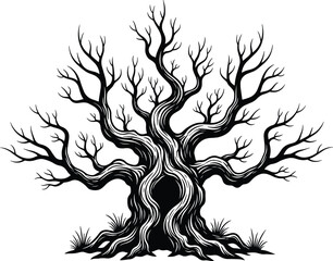 Twisted tree silhouette vector, leafless branches, dramatic trunk design, artistic nature illustration, surreal symmetry, white bark lines, eerie botanical concept, grass base