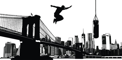 Urban man jumping with energy near Brooklyn Bridge, boxing bag hanging, New York city skyline, fitness strength training, sport action illustration