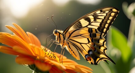 Closeup of a beautiful yellow and black butterfly with intricate wing patterns feeding on an orange flower in soft, warm sunlight