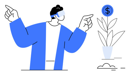 Person wearing VR headset pointing to dollar sign and potted plant representing growth, technology, and innovation. Ideal for finance, tech, investment, growth, future, education innovation simple