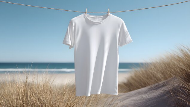 White t‑shirt hanging on clothesline at beach with dunes and blue sky, minimal lifestyle fashion concept representing freedom, simplicity, and summer vibe