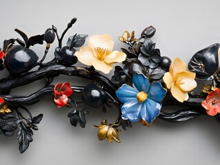 Elegant floral arrangement with blue, yellow, red blossoms and black fruits artful presentation