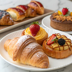 french croissants and pastry products close up