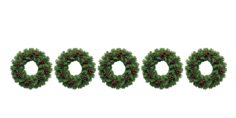 Five Christmas wreaths in the middle isolated on transparent or white background, png