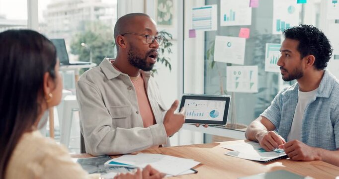 Tablet screen, teaching and speaker with business man for meeting, fundraising growth or grant charts. Online report, donor presentation and nonprofit analyst with people in ngo agency for feedback