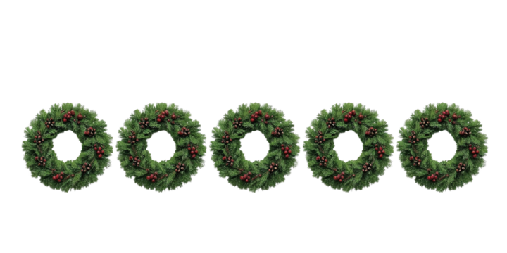 Five Christmas wreaths in the middle isolated on transparent or white background, png