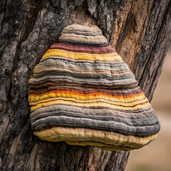 Polypore fungus on tree bark, vibrant layered colors and natural texture detailed view