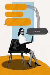 Poster image vertical photo collage of happy businesswoman surf laptop type message bubble notification dialogue concept