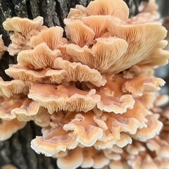 Close up of oyster mushrooms growing on a tree trunk nature wildlife