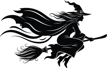 Witch flying on broomstick silhouette, Halloween fantasy vector, spooky female character with hat and cloak, magical night scene for seasonal design