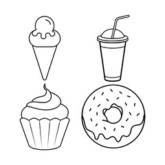 Set of  Simple line art desserts ice cream cone cupcake donut drink icons for creative projects