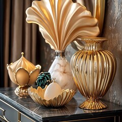 Golden decorative elements on black marble top cabinet, luxurious interior styling