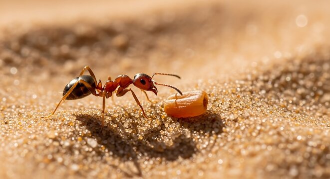 Close up of an ant carrying food on sandy ground.