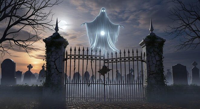 Eerie Ghostly Apparition at Cemetery Gate on Halloween Night.