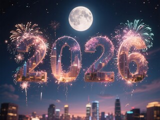 Celebration in 2026 with views of a sparkling city full of fireworks