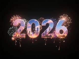 A festive New Year 2026 with fireworks and city skyline
