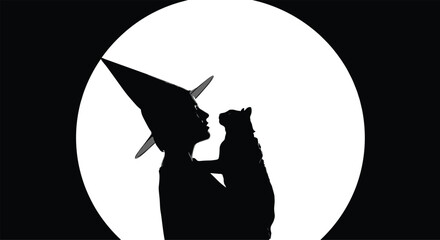 Witch silhouette holding cat, full moon background, mystical Halloween vector illustration, spooky seasonal design for holiday decoration, fantasy folklore and magical celebration themes