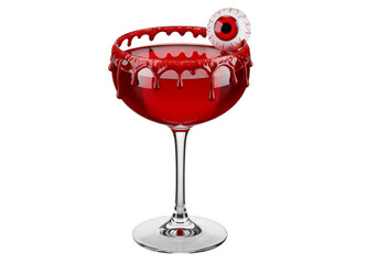 Vampire's Kiss Halloween Cocktail: Spooky Red Drink with Dripping Blood Rim and Creepy Eyeball Garnish on White