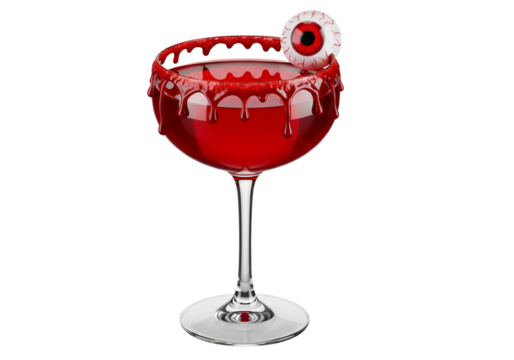 Vampire's Kiss Halloween Cocktail: Spooky Red Drink with Dripping Blood Rim and Creepy Eyeball Garnish on White