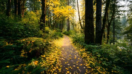 Obraz premium Serene forest scene featuring a path winding through lush greenery and tall trees, illuminated by soft sunlight filtering through the vibrant golden autumn leaves scattered on the ground, creating 