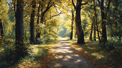 Obraz premium A scenic forest path is illuminated by soft sunlight, traversing through dense trees with lush yellow and green foliage, creating a tranquil autumn atmosphere perfect for outdoor activities.