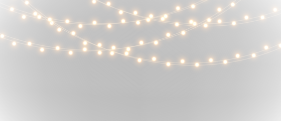 Elegant string lights overlay on black and white backgrounds, glowing warm garland creating festive atmosphere for Christmas decoration and celebration projects.