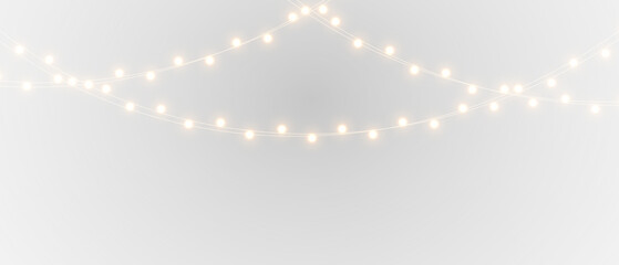 Elegant string lights overlay on black and white backgrounds, glowing warm garland creating festive...