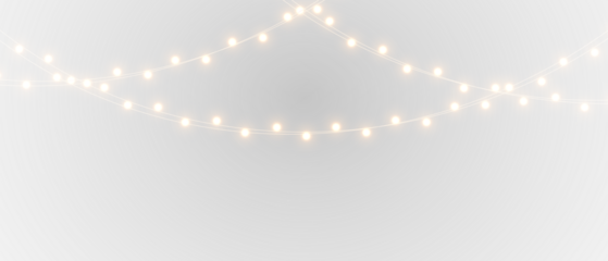 Elegant string lights overlay on black and white backgrounds, glowing warm garland creating festive atmosphere for Christmas decoration and celebration projects.