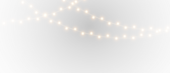 Elegant string lights overlay on black and white backgrounds, glowing warm garland creating festive atmosphere for Christmas decoration and celebration projects.