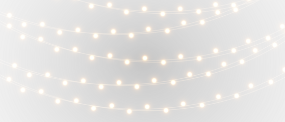 Vector Christmas lights on transparent background. Festive glowing garlands with golden LED bulbs for celebration banners, winter decor, and holiday cards PNG.