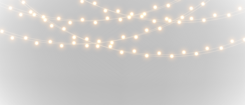 Elegant string lights overlay on black and white backgrounds, glowing warm garland creating festive atmosphere for Christmas decoration and celebration projects.