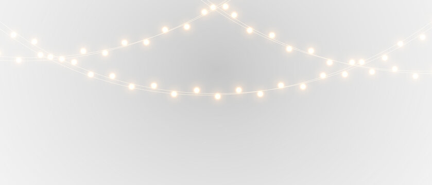 Elegant string lights overlay on black and white backgrounds, glowing warm garland creating festive atmosphere for Christmas decoration and celebration projects.