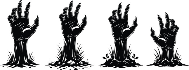Zombie hands rising from ground, spooky Halloween graveyard scene, undead horror vector illustration with grass and plants, eerie seasonal design for holiday decoration themes