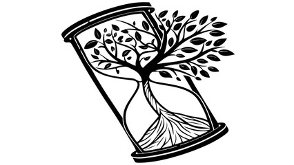 Black and white illustration of a tree growing inside an hourglass on a white background vreated with genrated ai