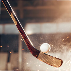 hockey stick and ball clash sparks dark backgrou