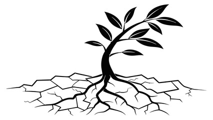 A black and white illustration of a plant with leaves growing from cracked dry soil texture vreated with genrated ai