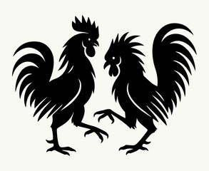 Black and white illustration of silhouettes of Mexican cockfighting. Gambling. White isolated background. Vector graphics. EPS.