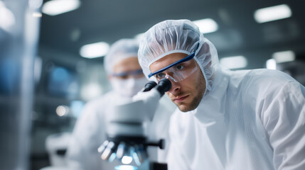 Semiconductor wafer examination by scientists in sterile cleanroom, modern microelectronics production facility semiconductor wafer, scientists cleanroom, sterile environment, micr