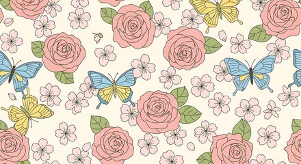 Floral pattern with roses and butterflies, vintage style design.