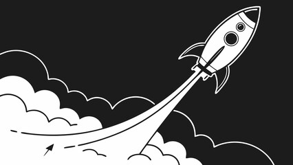 A stylized black and white illustration of a rocket launching through clouds into the dark sky above vreated with genrated ai