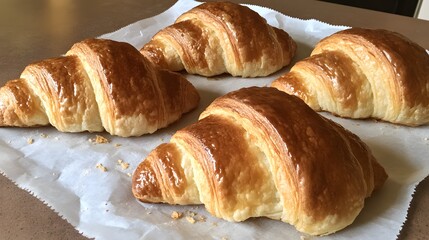 Golden brown croissants displayed on parchment paper ready for baking.