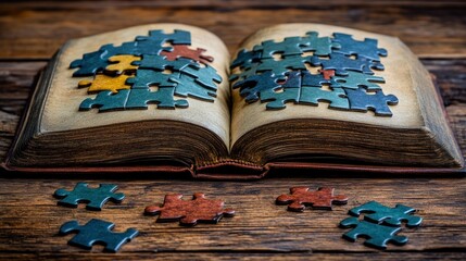 Opened aged book spills puzzle pieces on weathered wooden table surface