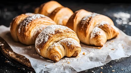Freshly baked croissants with powdered sugar on rustic background, bakery concept.