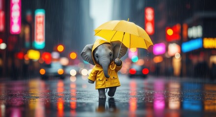 Elephant in a Yellow Raincoat Walking with Umbrella on Wet City Street