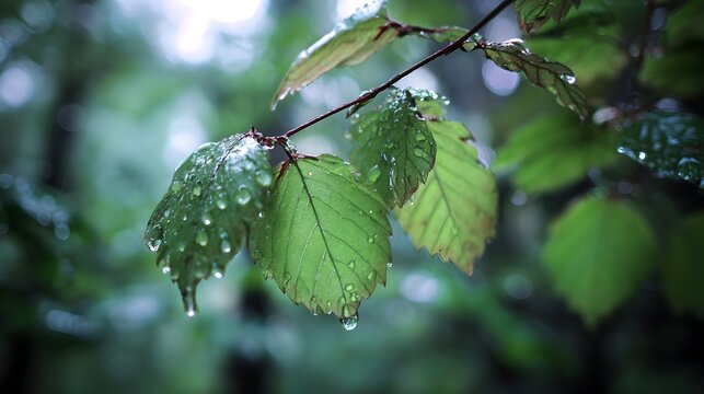 view shows vibrant green leaves glistening with fresh water droplets after a rain shower, attached to a slender brown twig against a blurred forest background, creating a tranquil and natural outdoor. - Powered by Adobe