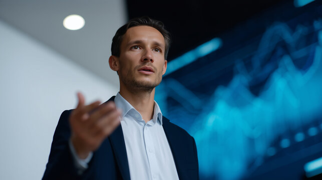 Professional analyst explaining projected data patterns, AI visualization overlay on screen, innovative business technology analyst presentation, projected patterns, AI visualizati