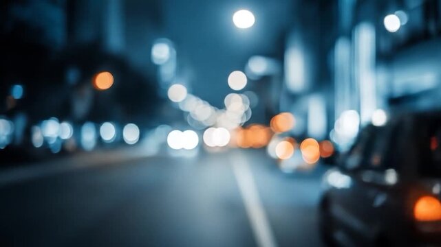 Blurred city street at night with cool blue tones and glowing orange and white bokeh light circles