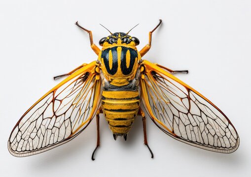 Close-up of a cicada with vibrant yellow and black markings, delicate, translucent wings, displayed against a plain white background
