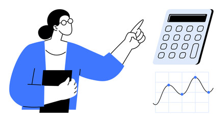Woman holding a folder, pointing at a calculator, with a line graph. Ideal for finance, analysis, business planning, data interpretation, strategy, education and research in a simple flat metaphor